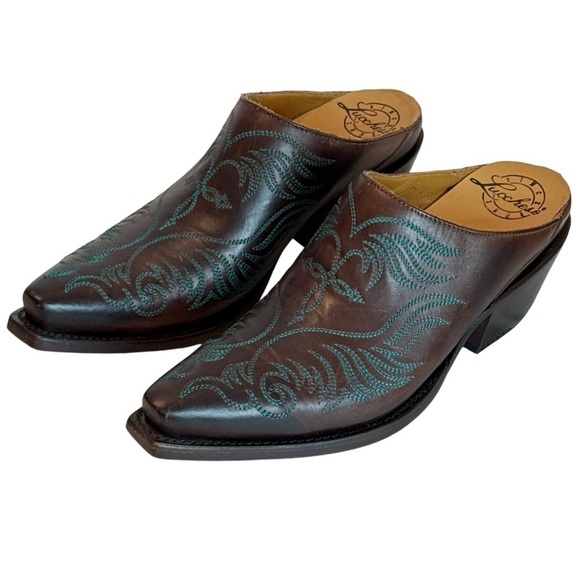 Lucchese Women's Burgundy w/Turquoise Stitched Western Mule Slide  Size 6.5B - Picture 7 of 8